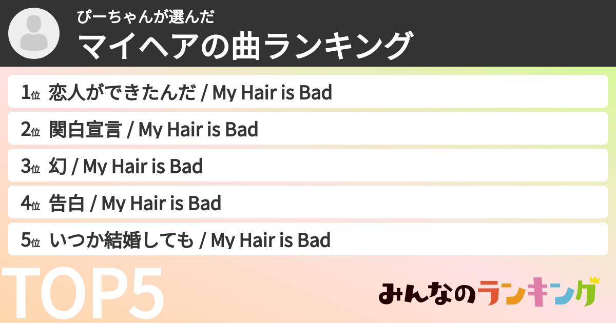 ぴーちゃんさんの「マイヘアの曲ランキング」