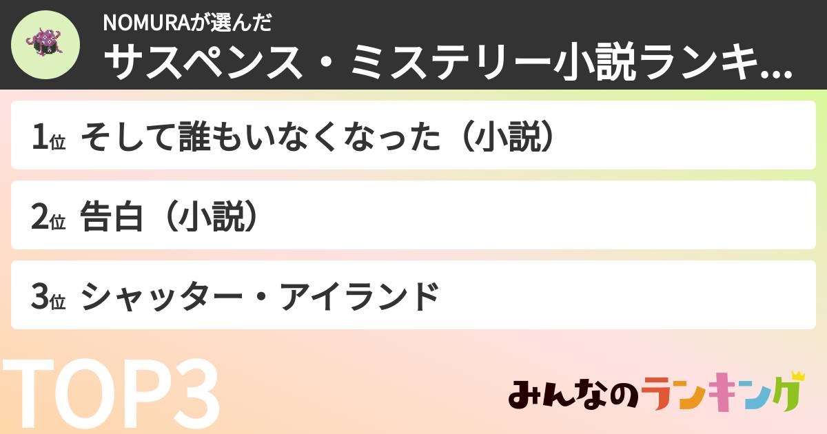 NOMURAさんの「サスペンス・ミステリー小説ランキング」