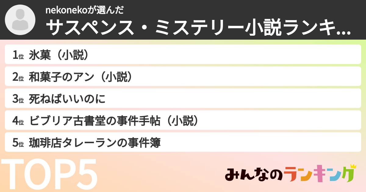 nekonekoさんの「サスペンス・ミステリー小説ランキング」