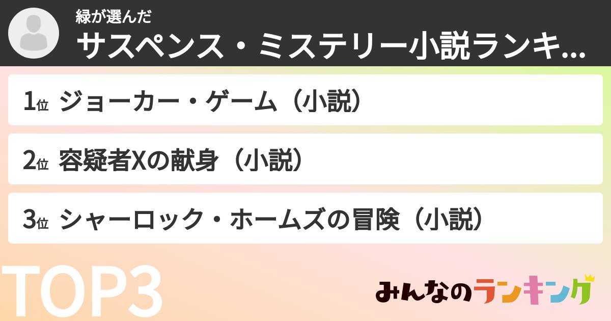 緑さんの「サスペンス・ミステリー小説ランキング」