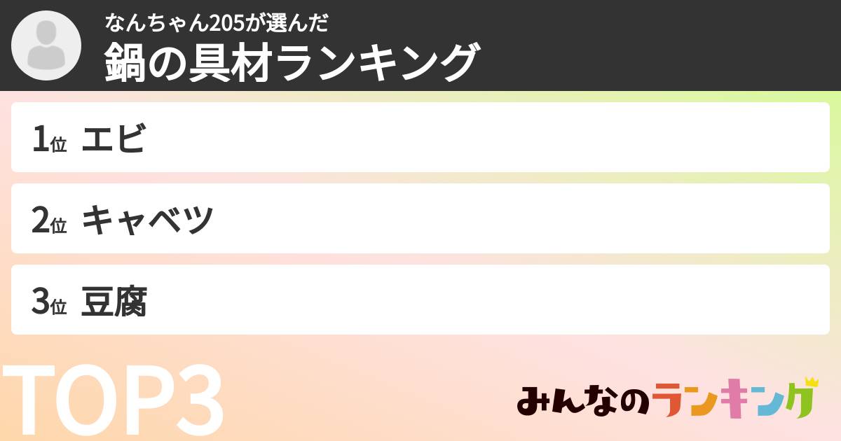 なんちゃん205さんの「鍋の具材ランキング」