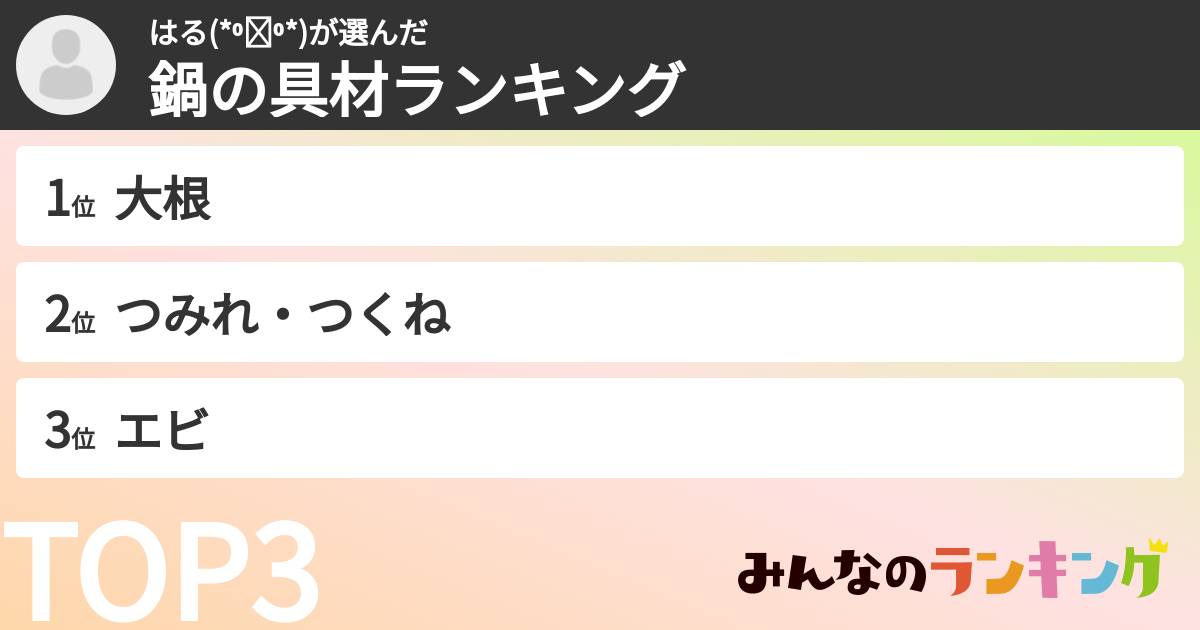 はる(*⁰▿⁰*)さんの「鍋の具材ランキング」