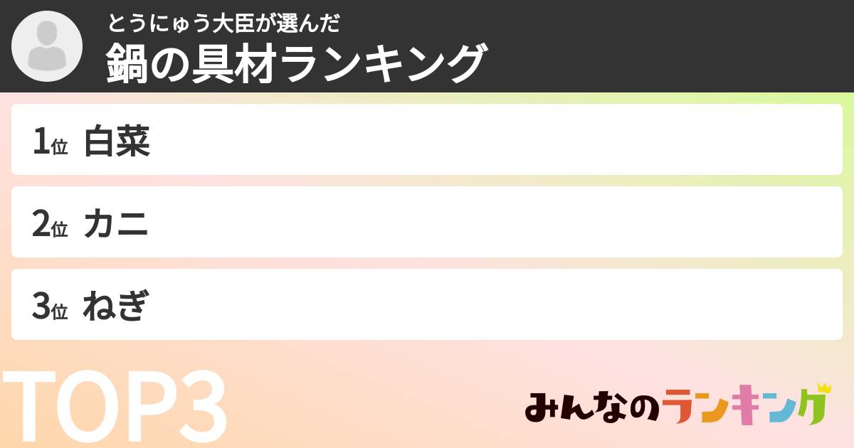 とうにゅう大臣さんの「鍋の具材ランキング」