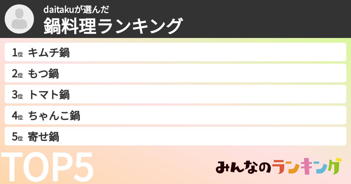 daitakuさんの「鍋料理ランキング」
