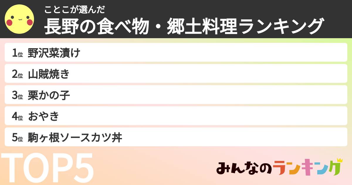 ことこさんの「長野の食べ物・郷土料理ランキング」
