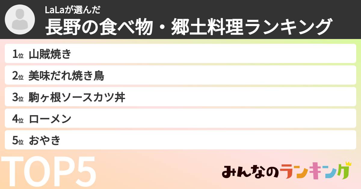 LaLaさんの「長野の食べ物・郷土料理ランキング」