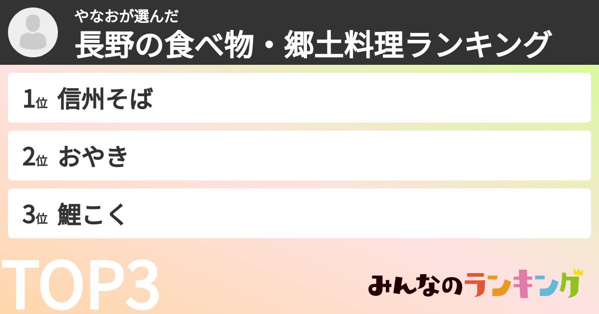 やなおさんの「長野の食べ物・郷土料理ランキング」