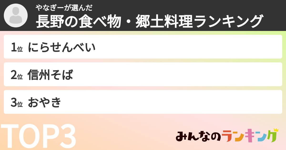 やなぎーさんの「長野の食べ物・郷土料理ランキング」