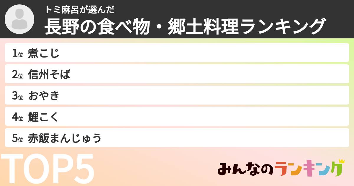 トミ麻呂さんの「長野の食べ物・郷土料理ランキング」