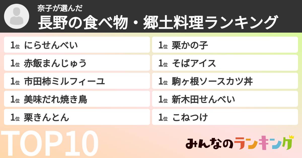 奈子さんの「長野の食べ物・郷土料理ランキング」