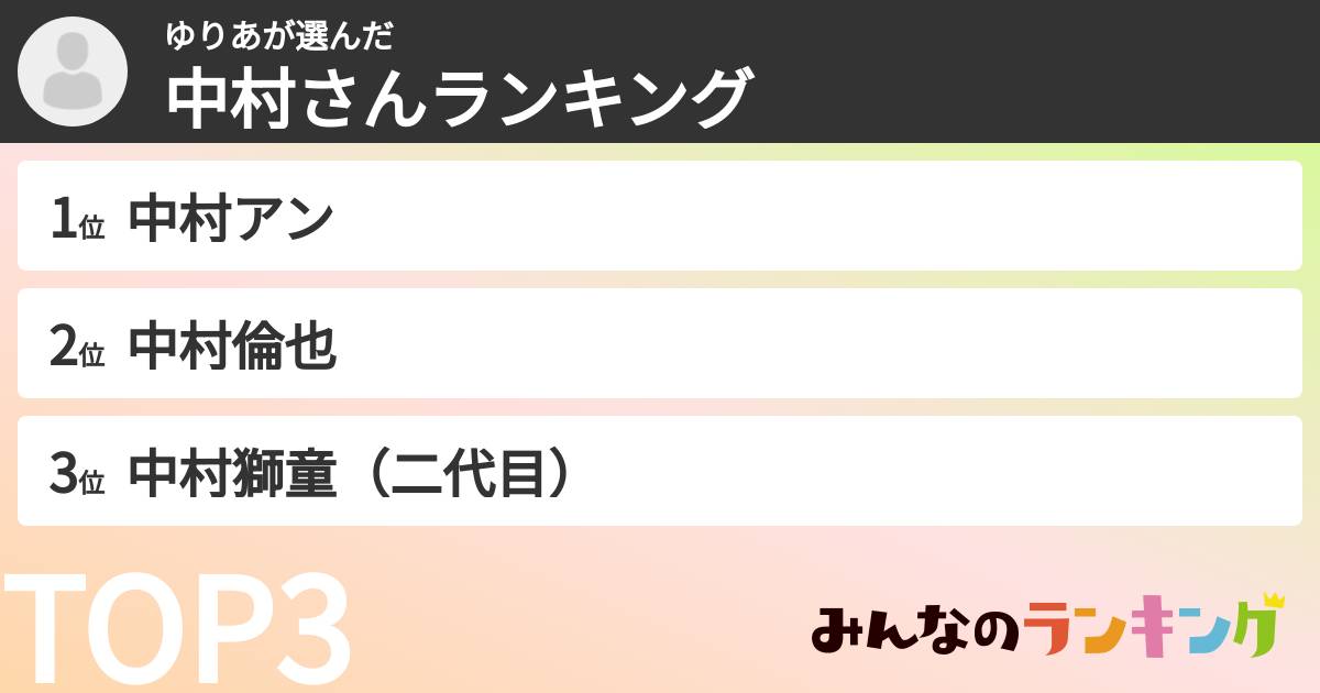 ゆりあさんの「中村さんランキング」