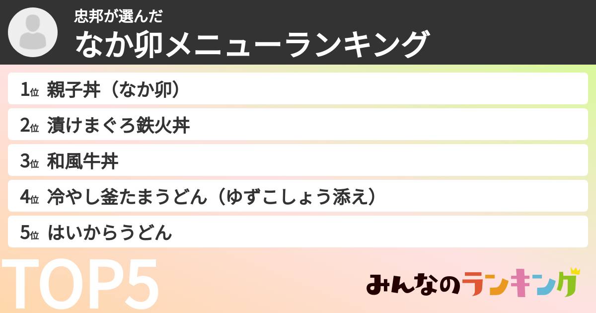 忠邦さんの「なか卯メニューランキング」