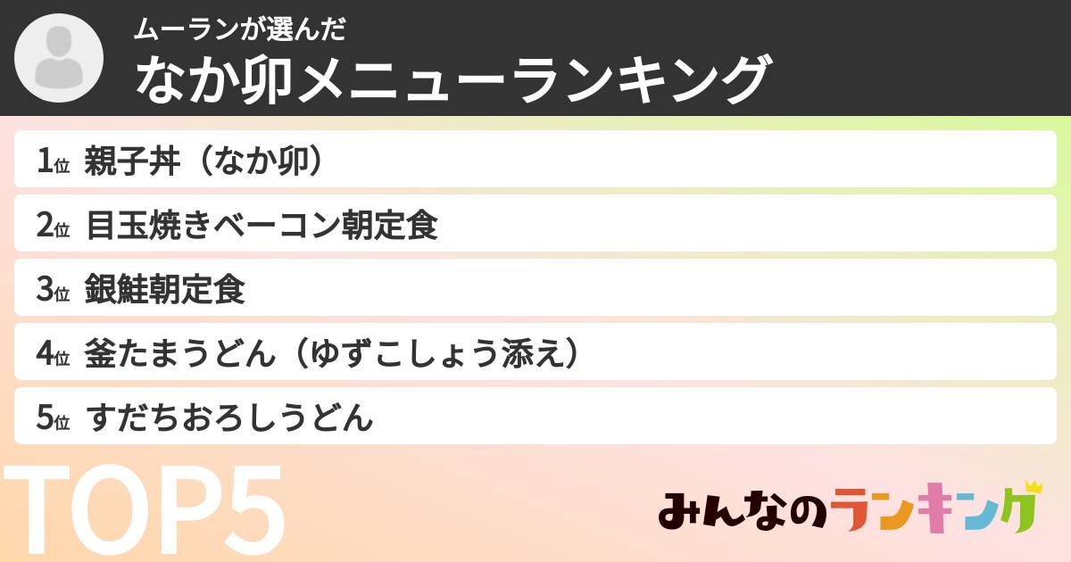 ムーランさんの「なか卯メニューランキング」