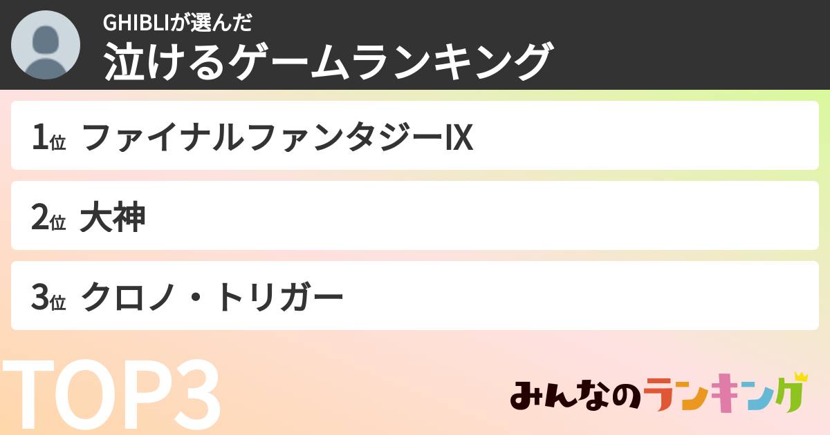GHIBLIさんの「泣けるゲームランキング」