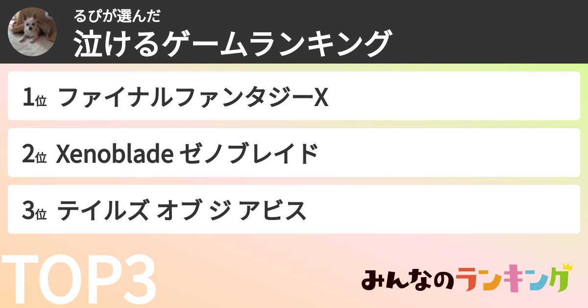 るぴさんの「泣けるゲームランキング」