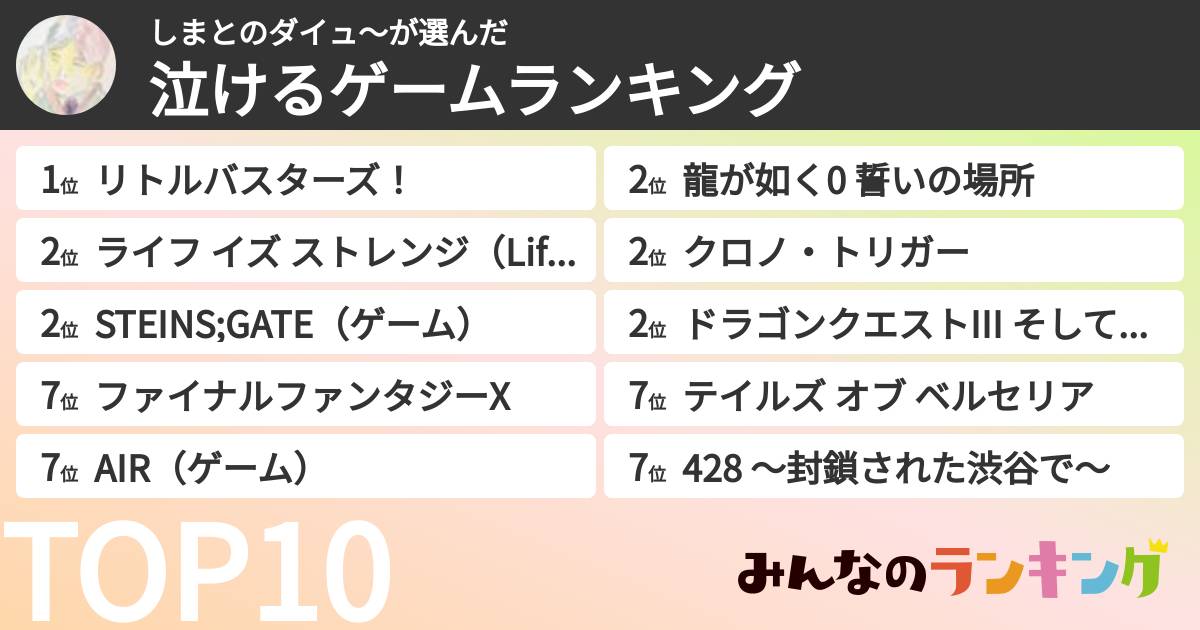 しまとのダイュ〜さんの「泣けるゲームランキング」