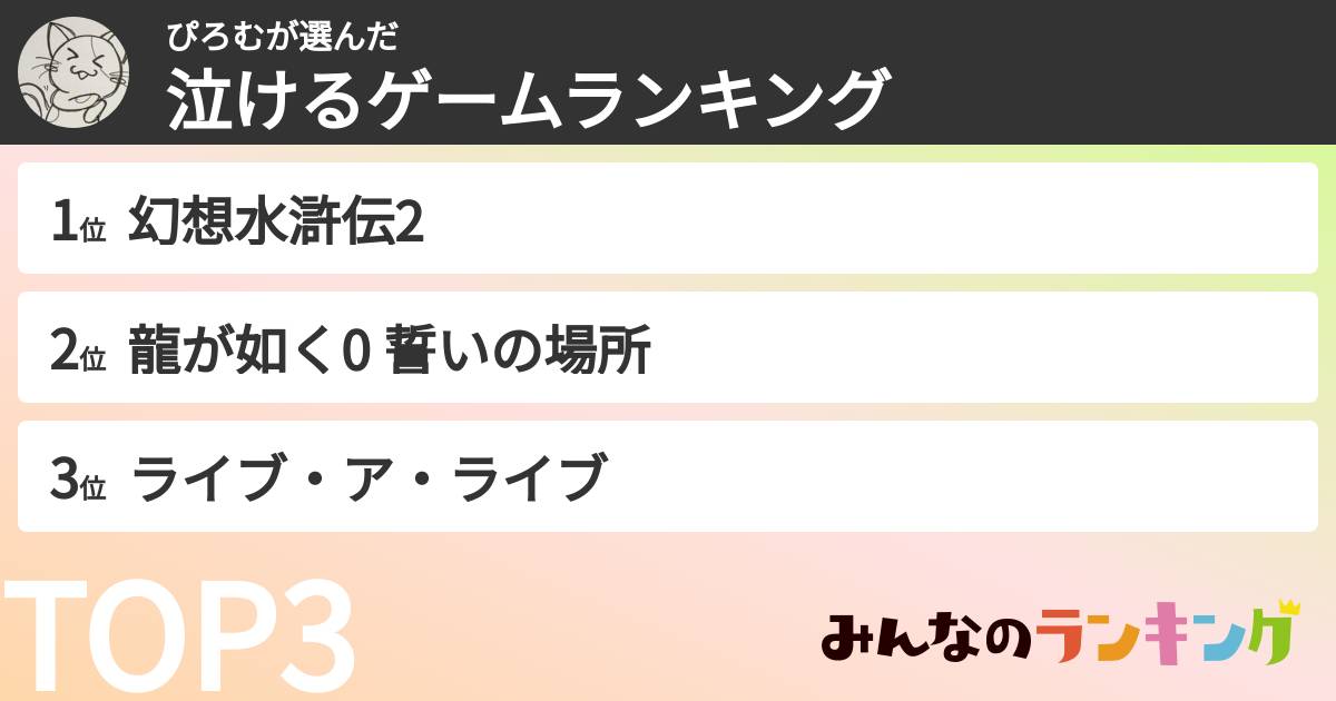 ぴろむさんの「泣けるゲームランキング」