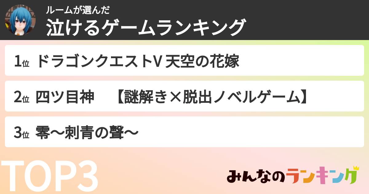ルームさんの「泣けるゲームランキング」