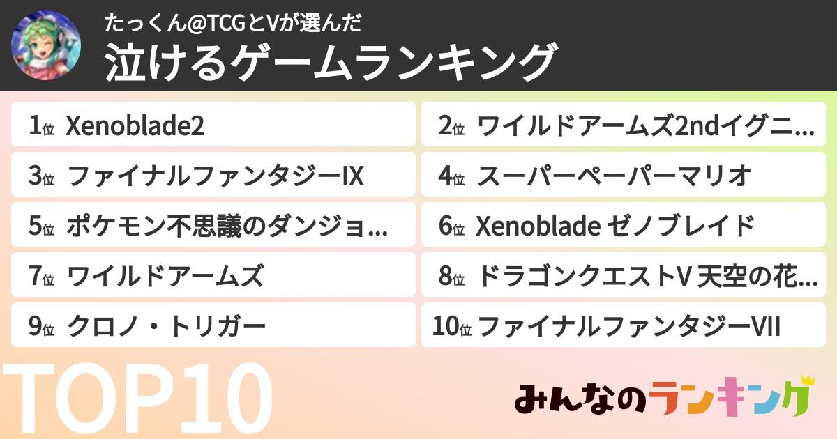 たっくん@TCGとVさんの「泣けるゲームランキング」