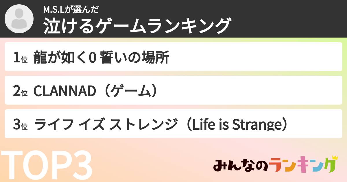 M.S.Lさんの「泣けるゲームランキング」