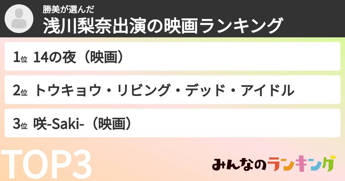 勝美さんの「浅川梨奈出演の映画ランキング」