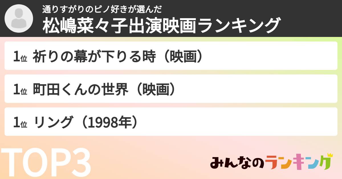 通りすがりのピノ好きさんの「松嶋菜々子出演映画ランキング」