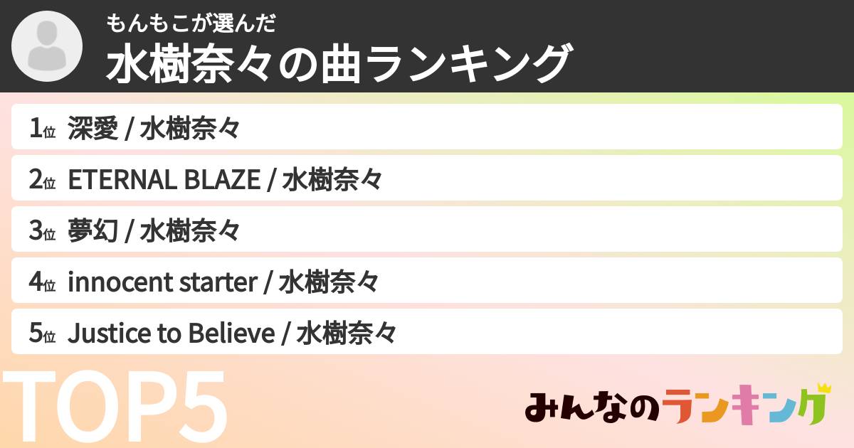 もんもこさんの「水樹奈々の曲ランキング」