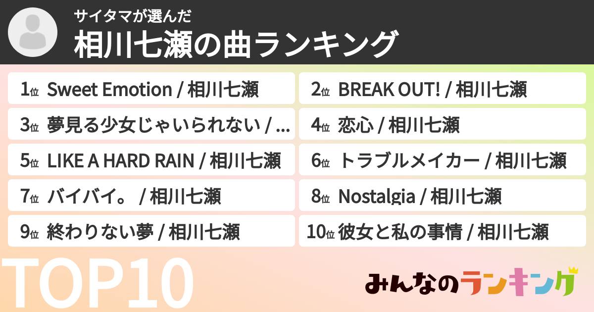 サイタマさんの「相川七瀬の曲ランキング」
