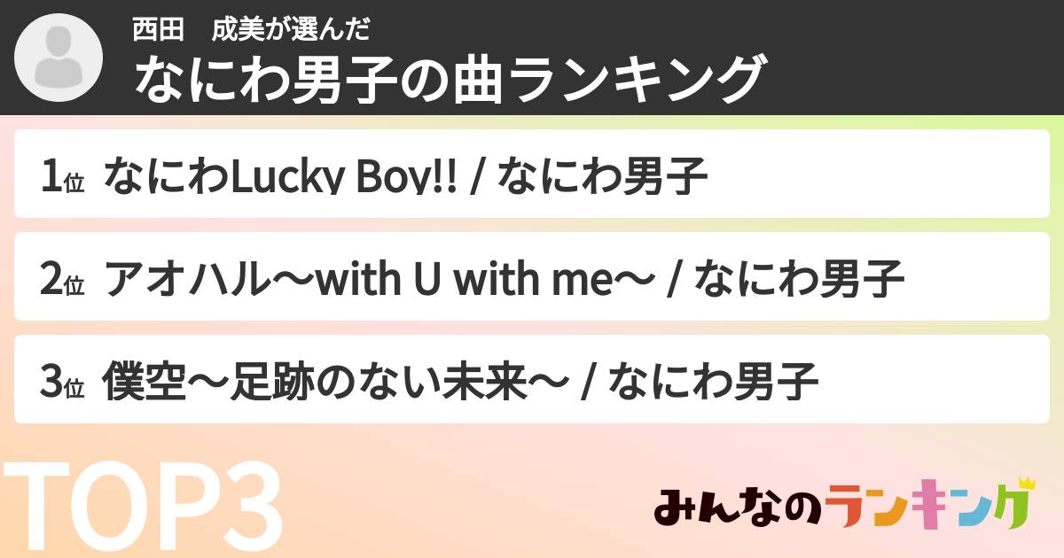 西田　成美さんの「なにわ男子の曲ランキング」