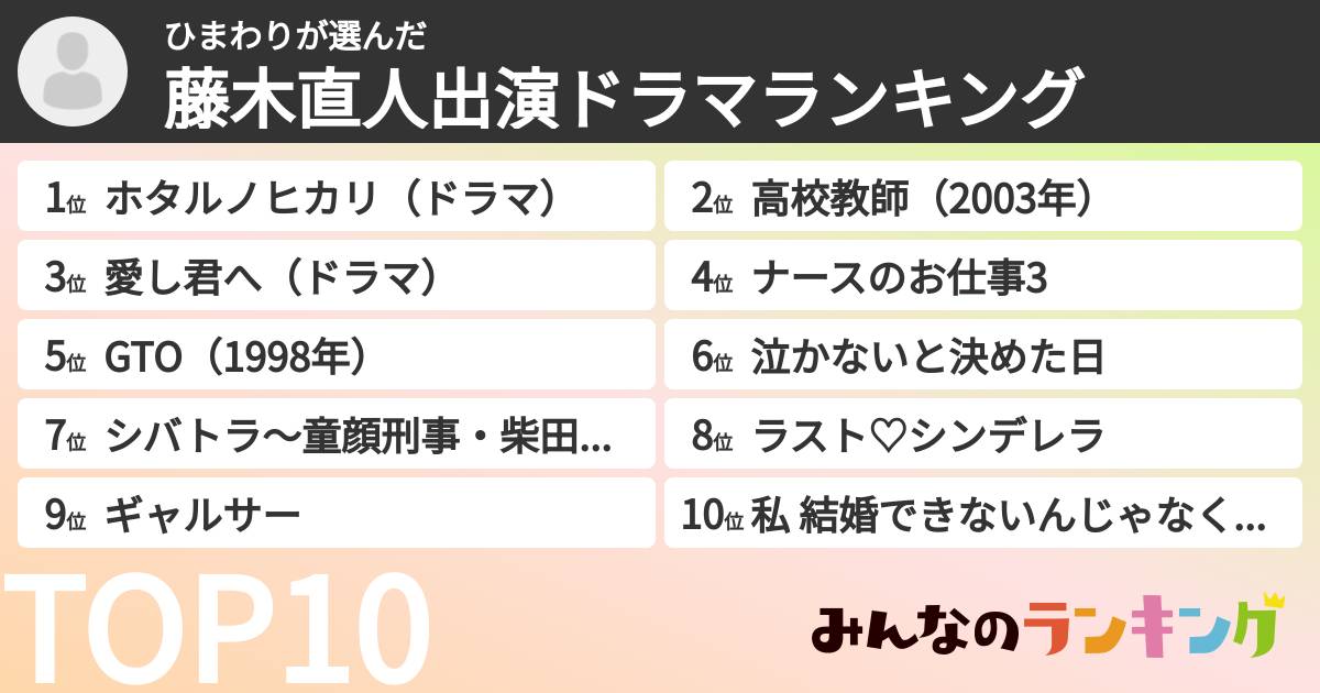 ひまわりさんの「藤木直人出演ドラマランキング」