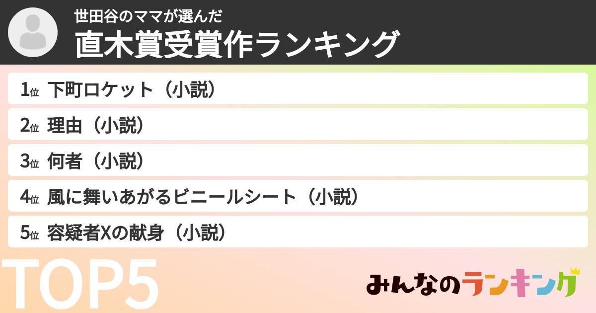 世田谷のママさんの「直木賞受賞作ランキング」