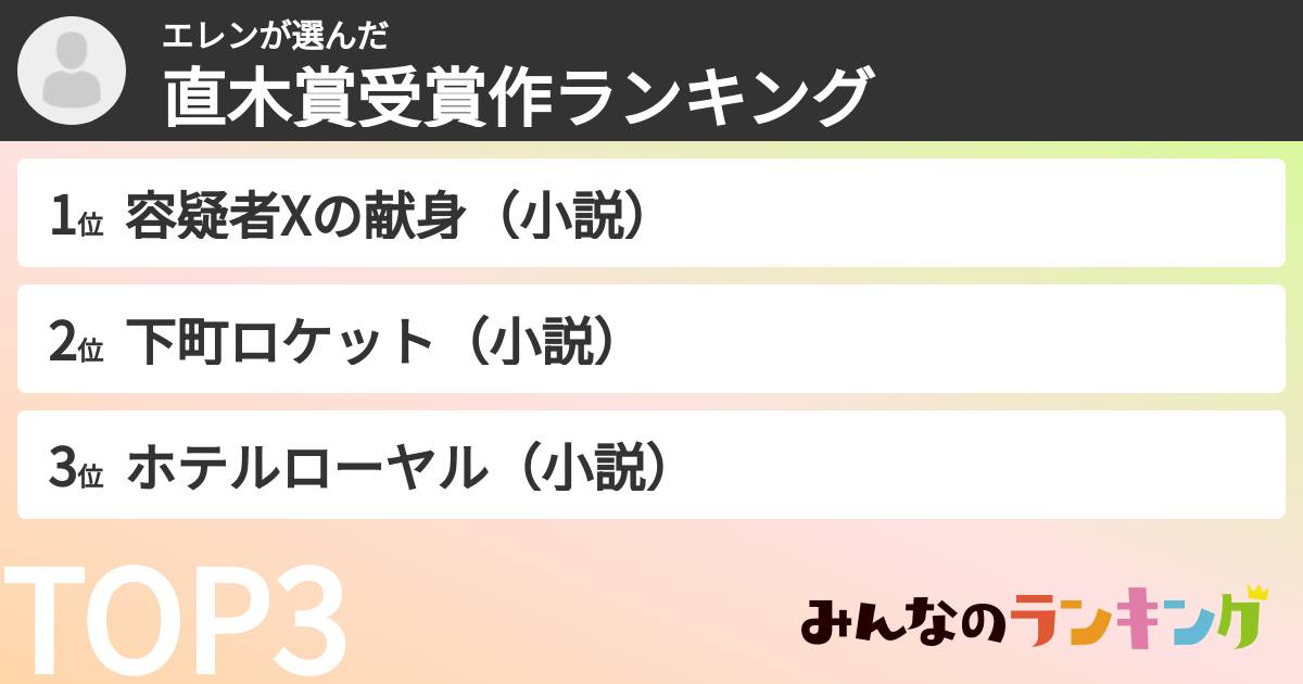 エレンさんの「直木賞受賞作ランキング」