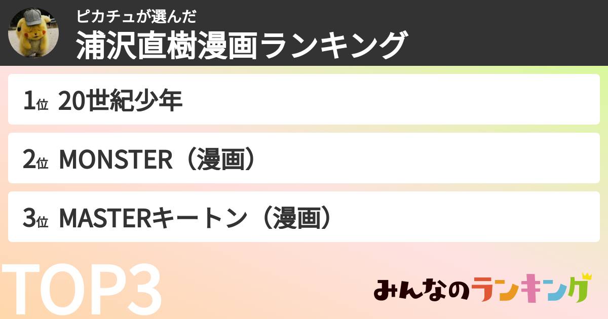 ピカチュさんの「浦沢直樹漫画ランキング」