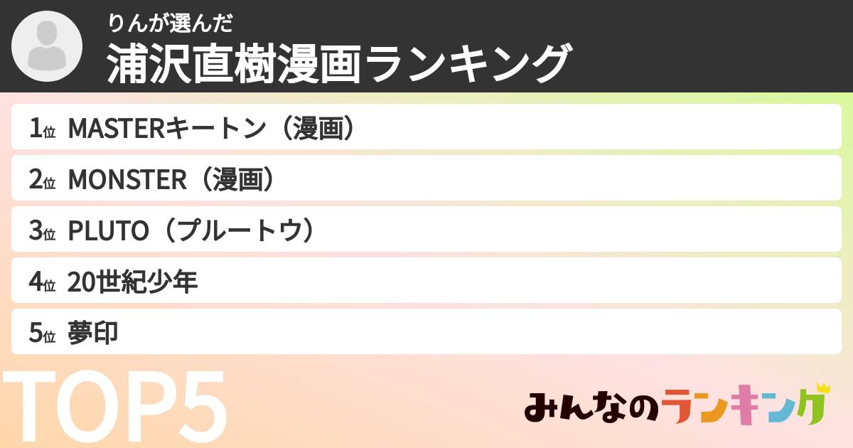 りんさんの「浦沢直樹漫画ランキング」