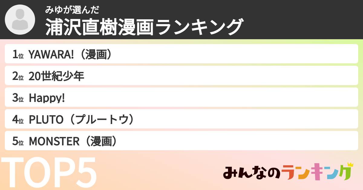みゆさんの「浦沢直樹漫画ランキング」