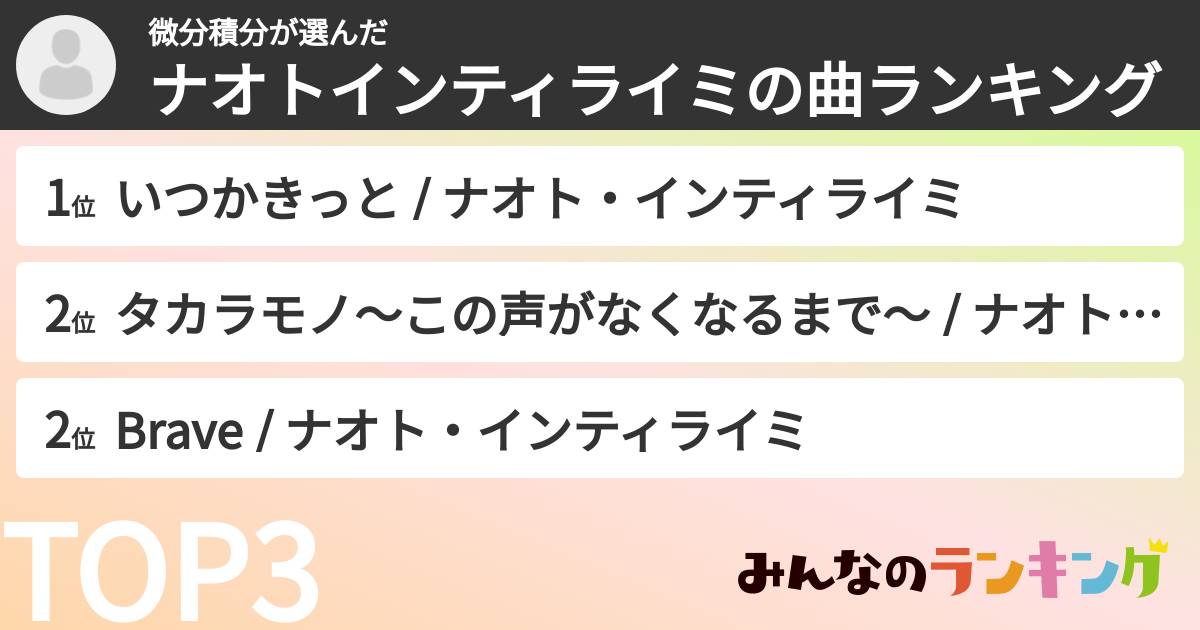 微分積分さんの「ナオトインティライミの曲ランキング」