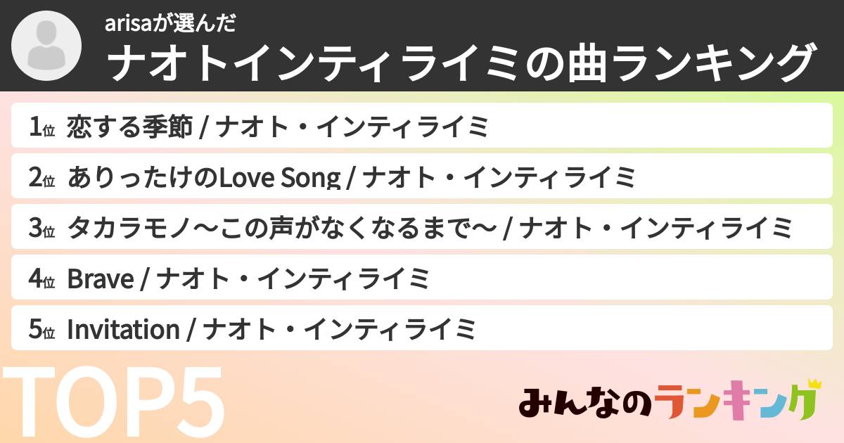 arisaさんの「ナオトインティライミの曲ランキング」