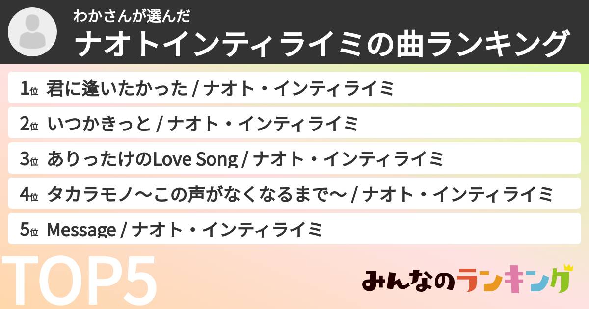 わかさんさんの「ナオトインティライミの曲ランキング」