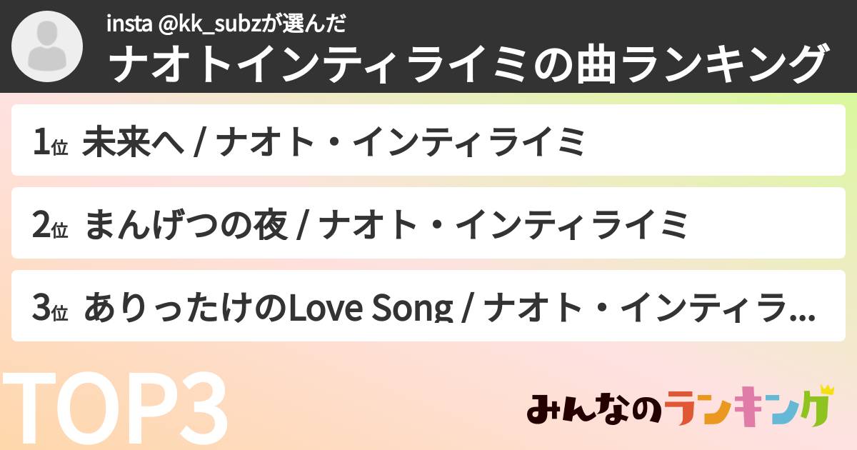 insta @kk_subzさんの「ナオトインティライミの曲ランキング」