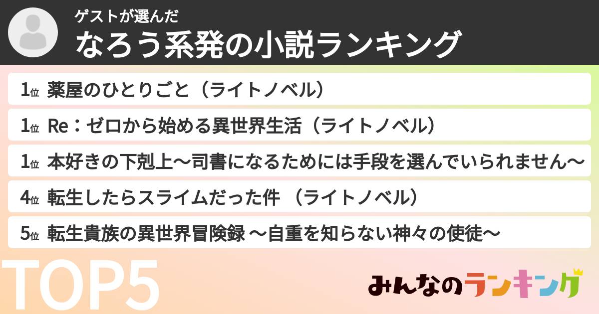 ゲストさんの「なろう系発の小説ランキング」