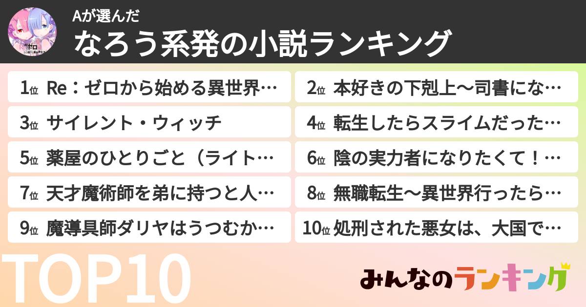 Aさんの「なろう系発の小説ランキング」