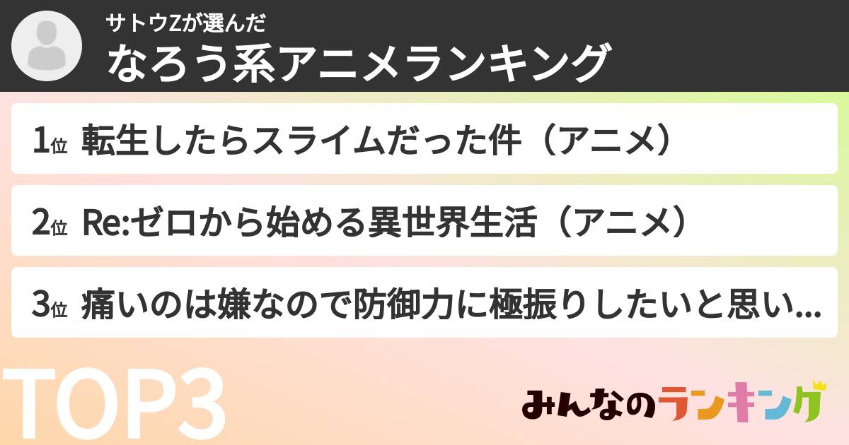 サトウZさんの「なろう系アニメランキング」