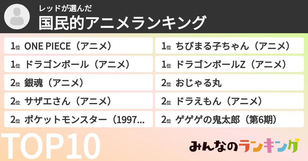 レッドさんの「国民的アニメランキング」
