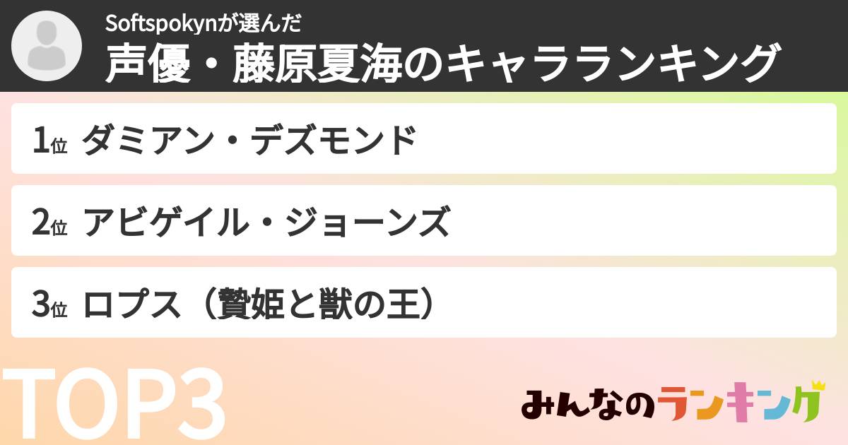Softspokynさんの「声優・藤原夏海のキャラランキング」