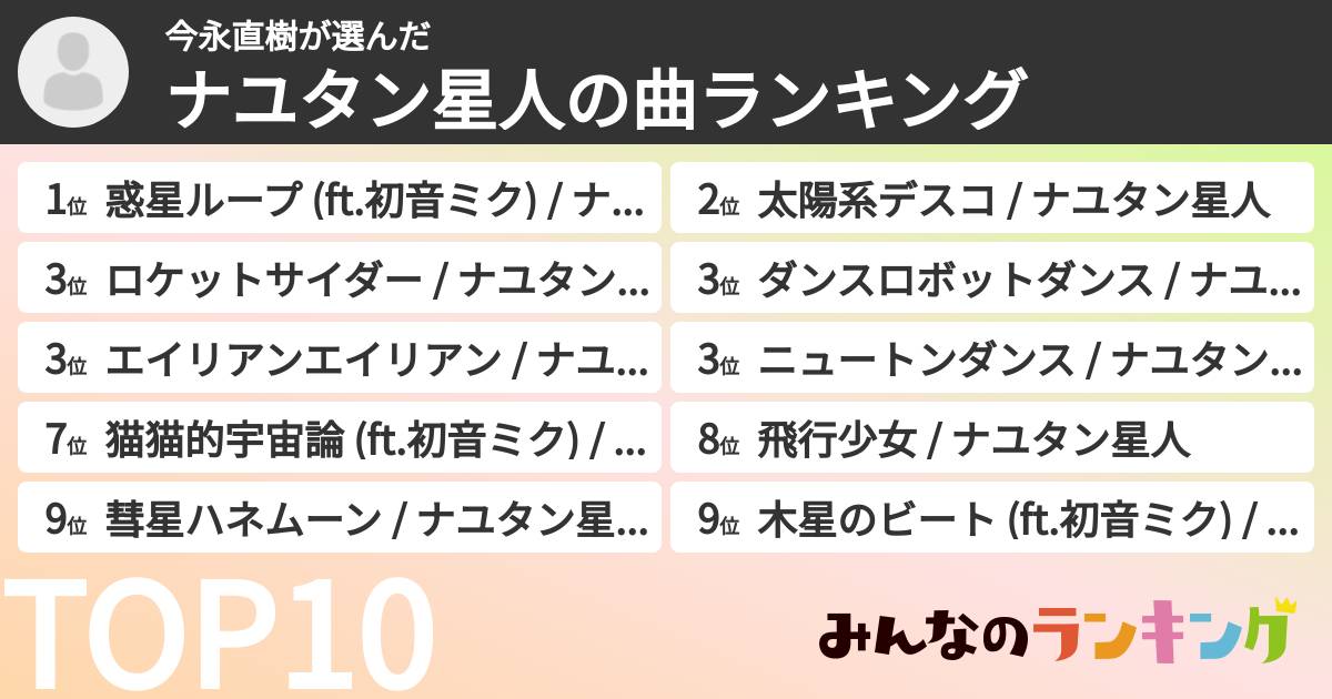 今永直樹さんの「ナユタン星人の曲ランキング」