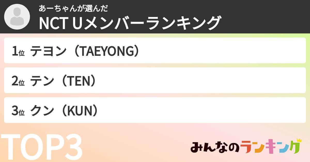 あーちゃんさんの「NCT Uメンバーランキング」