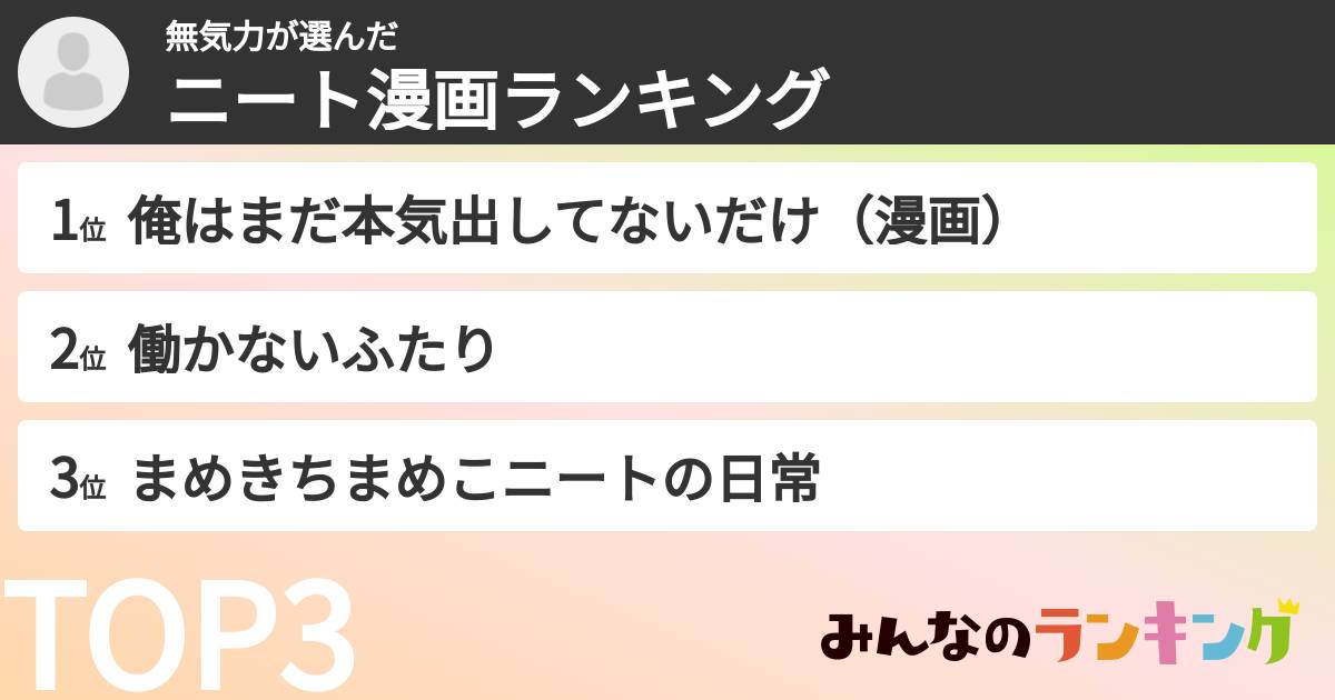 無気力さんの「ニート漫画ランキング」