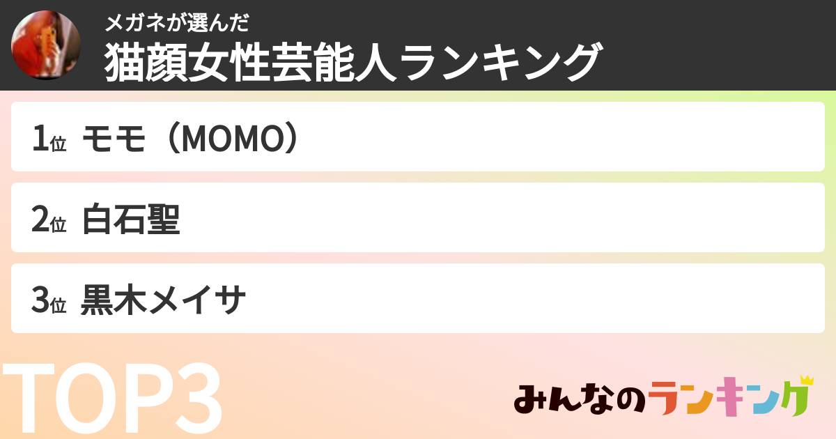メガネさんの「猫顔女性芸能人ランキング」