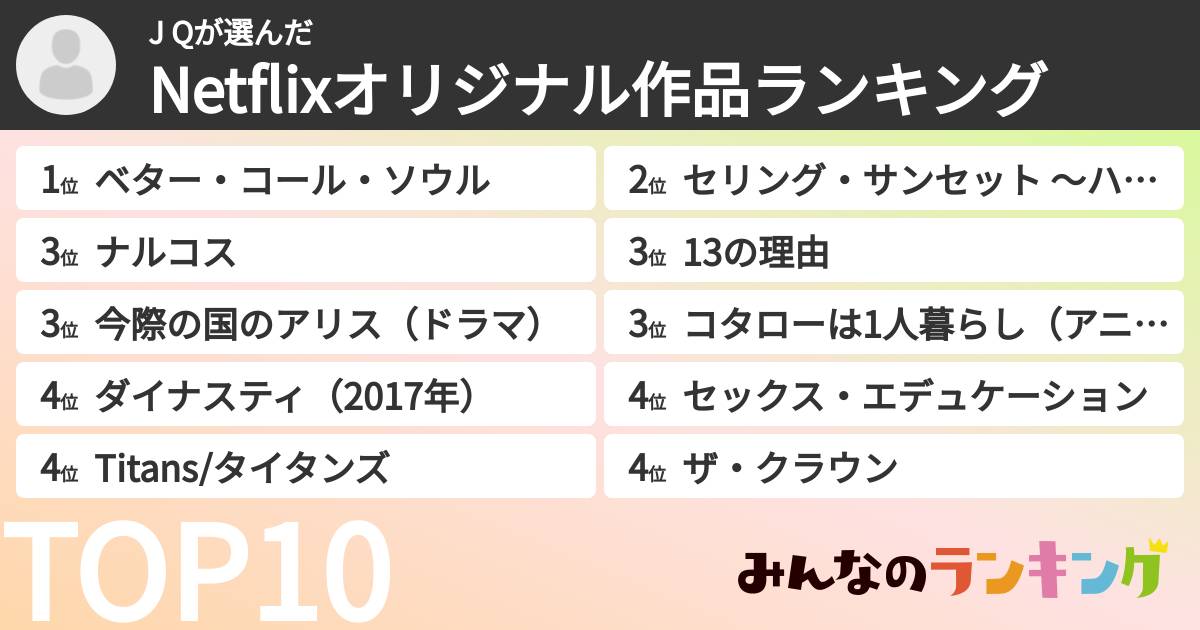 J Qさんの「Netflixオリジナル作品ランキング」