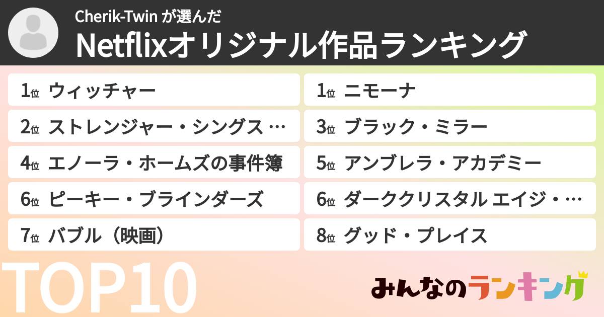 Cherik-Twin さんの「Netflixオリジナル作品ランキング」